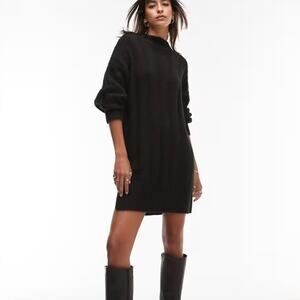 Topshop NWT Black Knit Funnel Neck Wide Ribbed Oversized Mini Sweater Dress